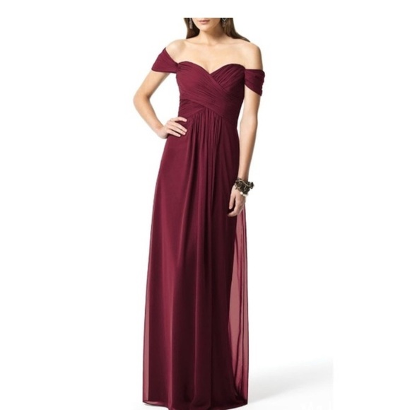 Dessy Collection Full Length Off/On Shoulder Empire Waist Lux Chiffon Dress - Picture 1 of 8